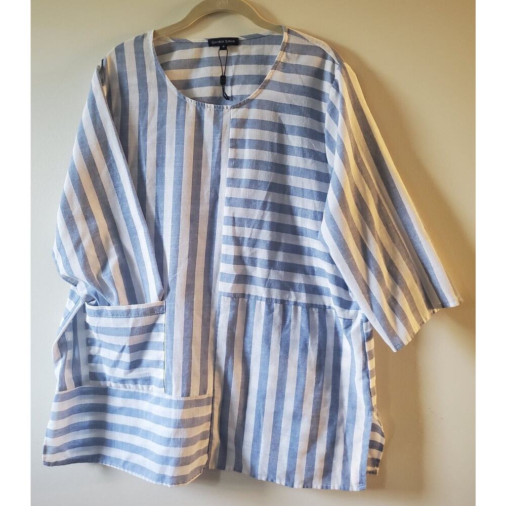 Gordon Smith Ladies US 14 AU 16 Blouse Blue White Striped Cotton Coastal Beachy